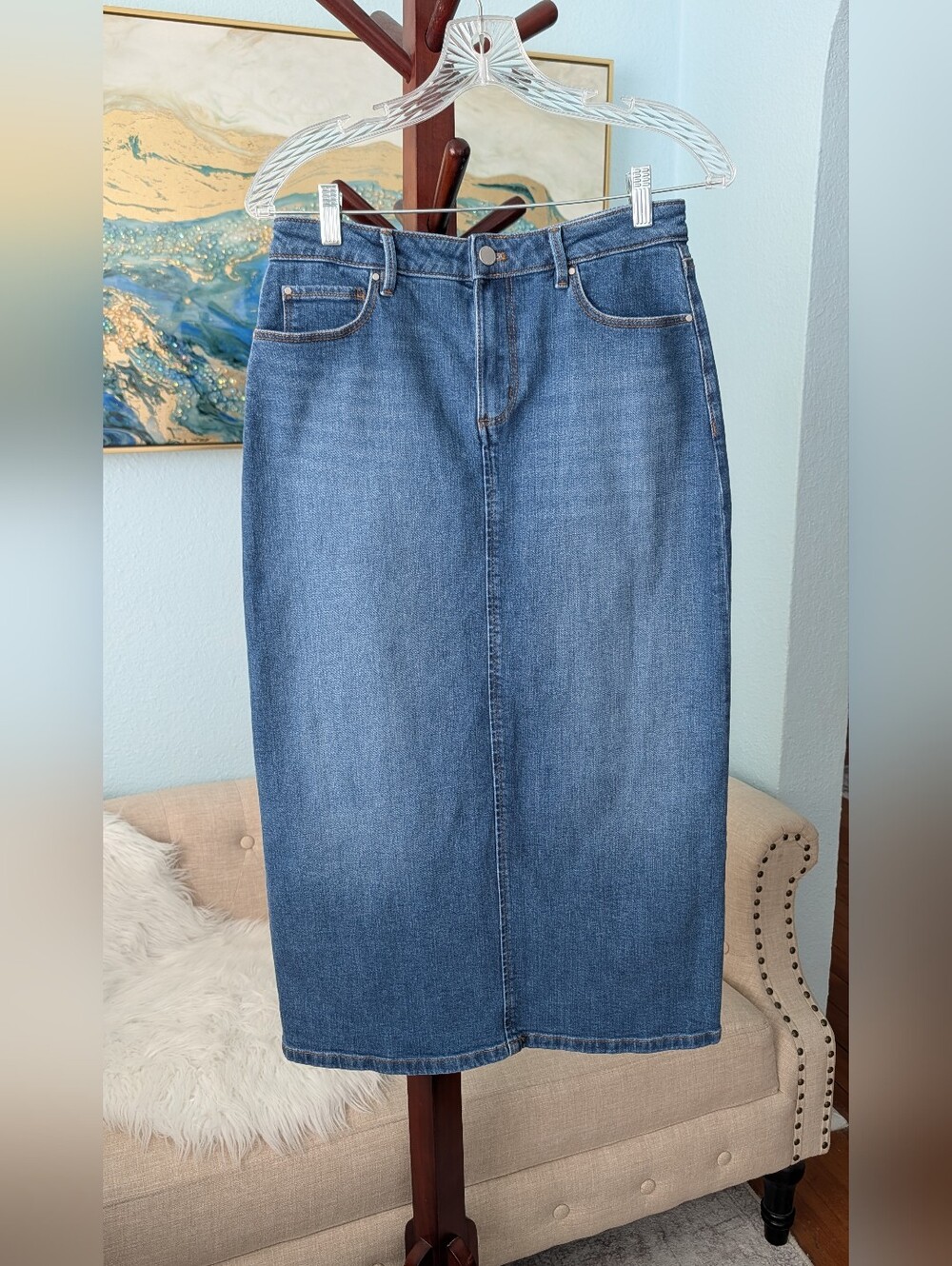 Ann Taylor Weekend Denim Midi  Jean Skirt Sz 4 - Picture 2 of 11